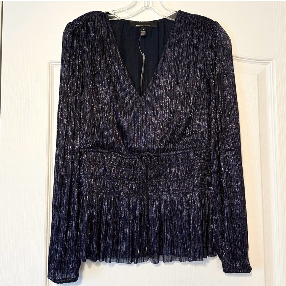 WHBM Metallic V-neck Peplum Blue Top Size S